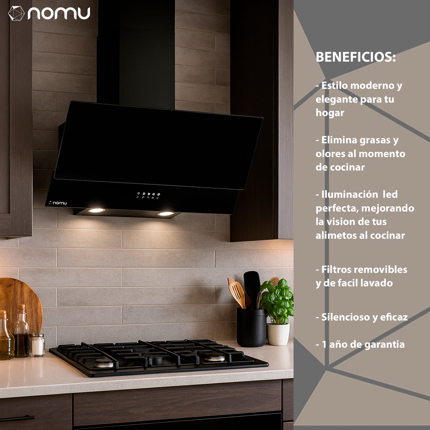 Campana Extractora Acero Inoxidable Cristal Templado NOMU 60cm, 3 Velocidades
