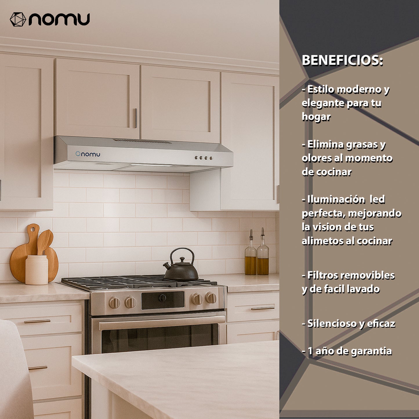 Campana Extractora Para Cocina de Pared Acero Inoxidable 90cm NOMU