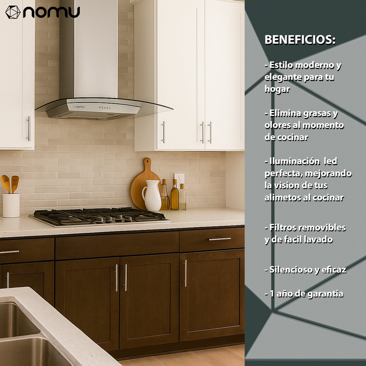 NOMU Campana de Extracción Cristal Curvo 76cm Acero Inoxidable