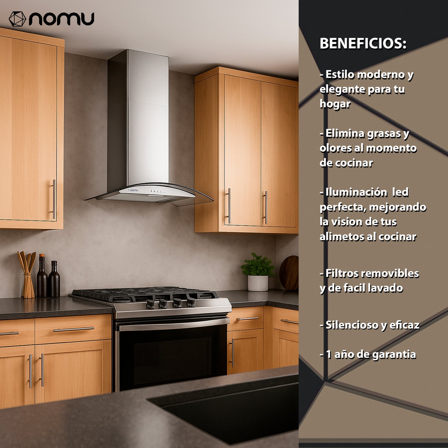 Campana Extracción Cristal 60cm Acero Inoxidable, 3 Velocidades, NOMU