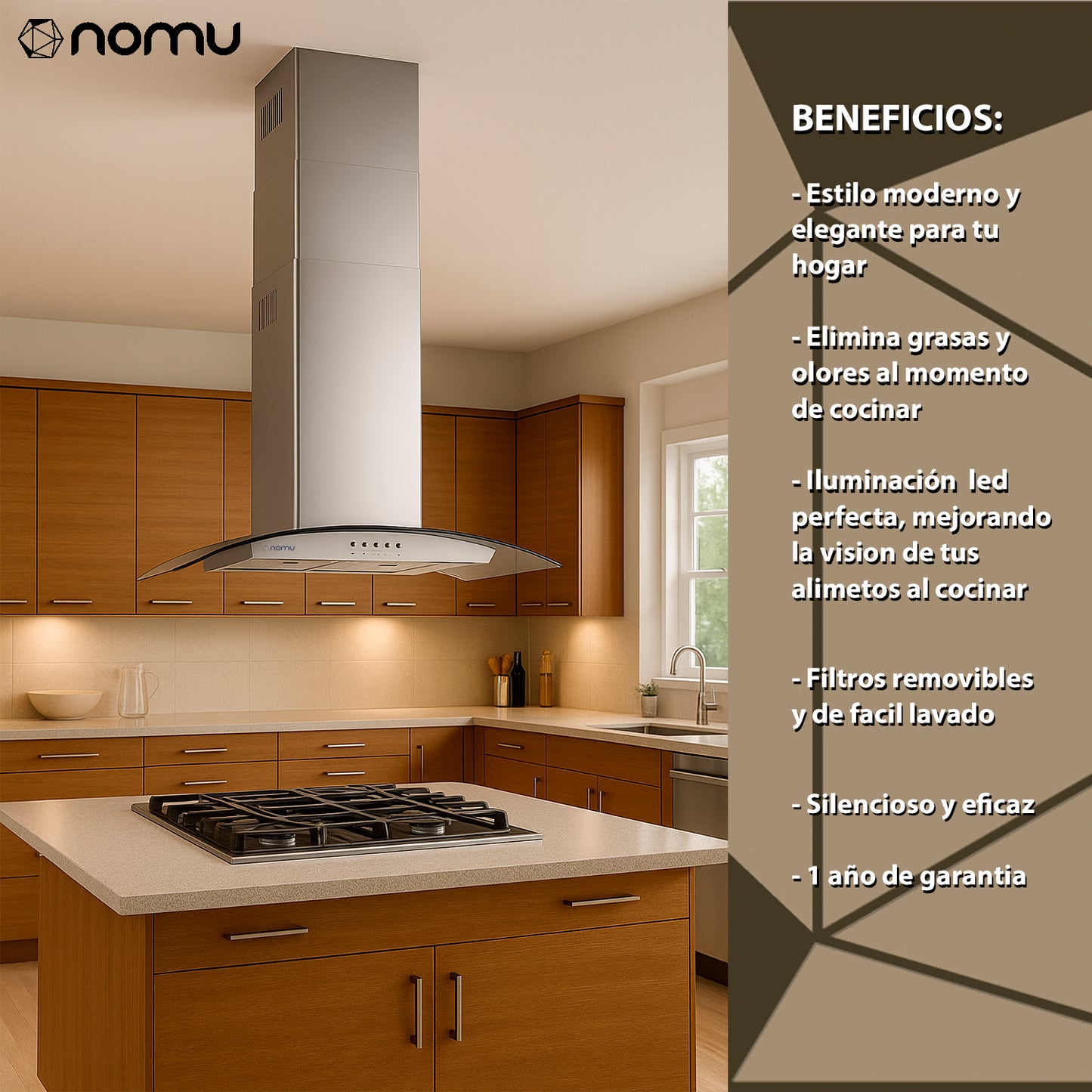 NOMU Campana de Extracción Vidrio Templado ISLA 90cm Acero Inox