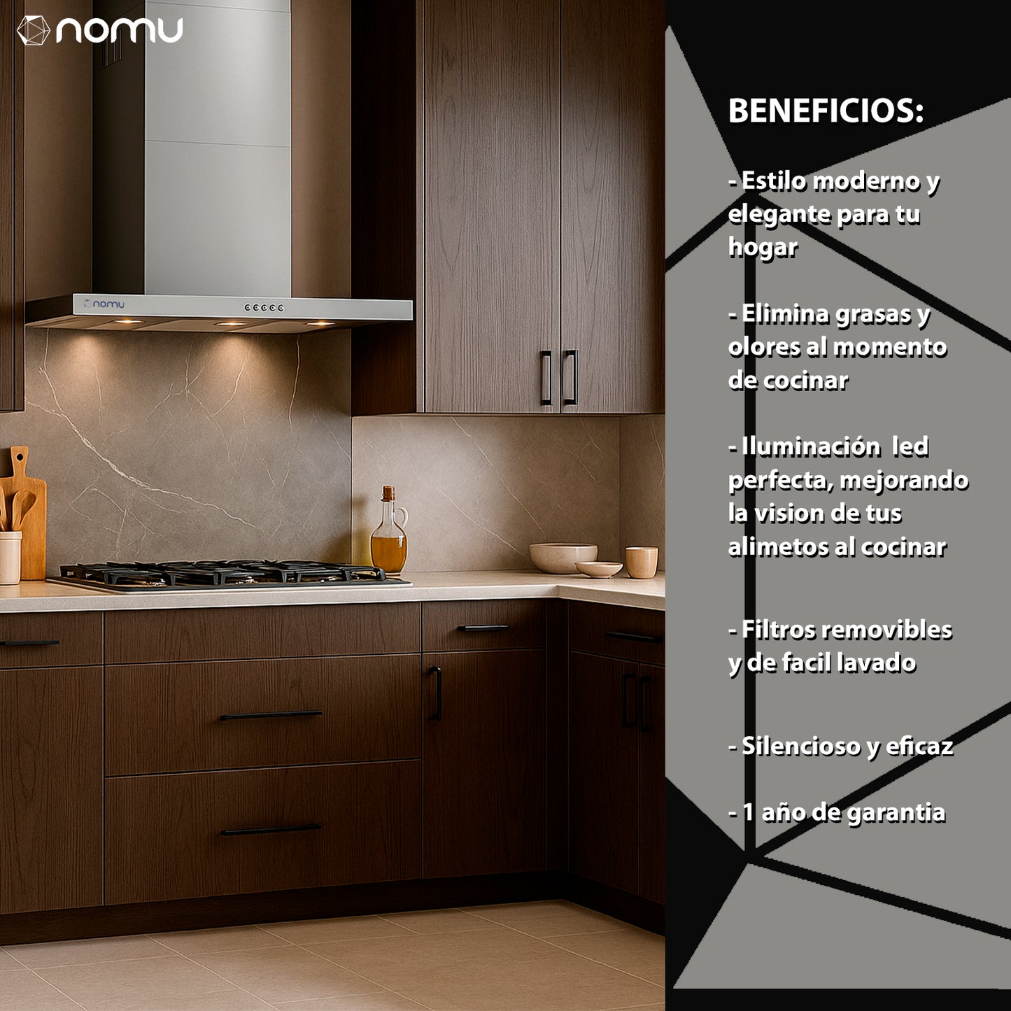 NOMU Campana de Extracción en T 76cm Acero Inoxidable 3 Velocidades