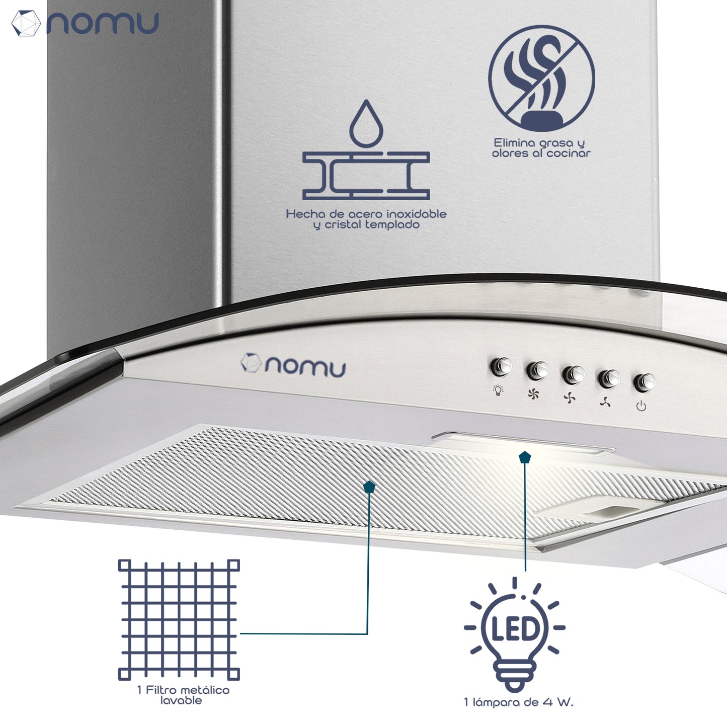 NOMU Campana de Extracción Cristal Curvo 60cm Acero Inoxidables