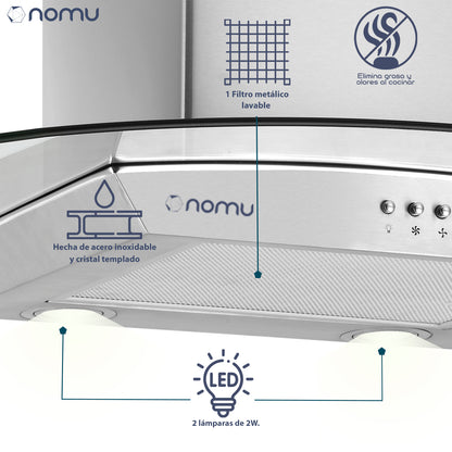 NOMU Campana de Extracción Cristal Curvo 76cm Acero Inoxidable