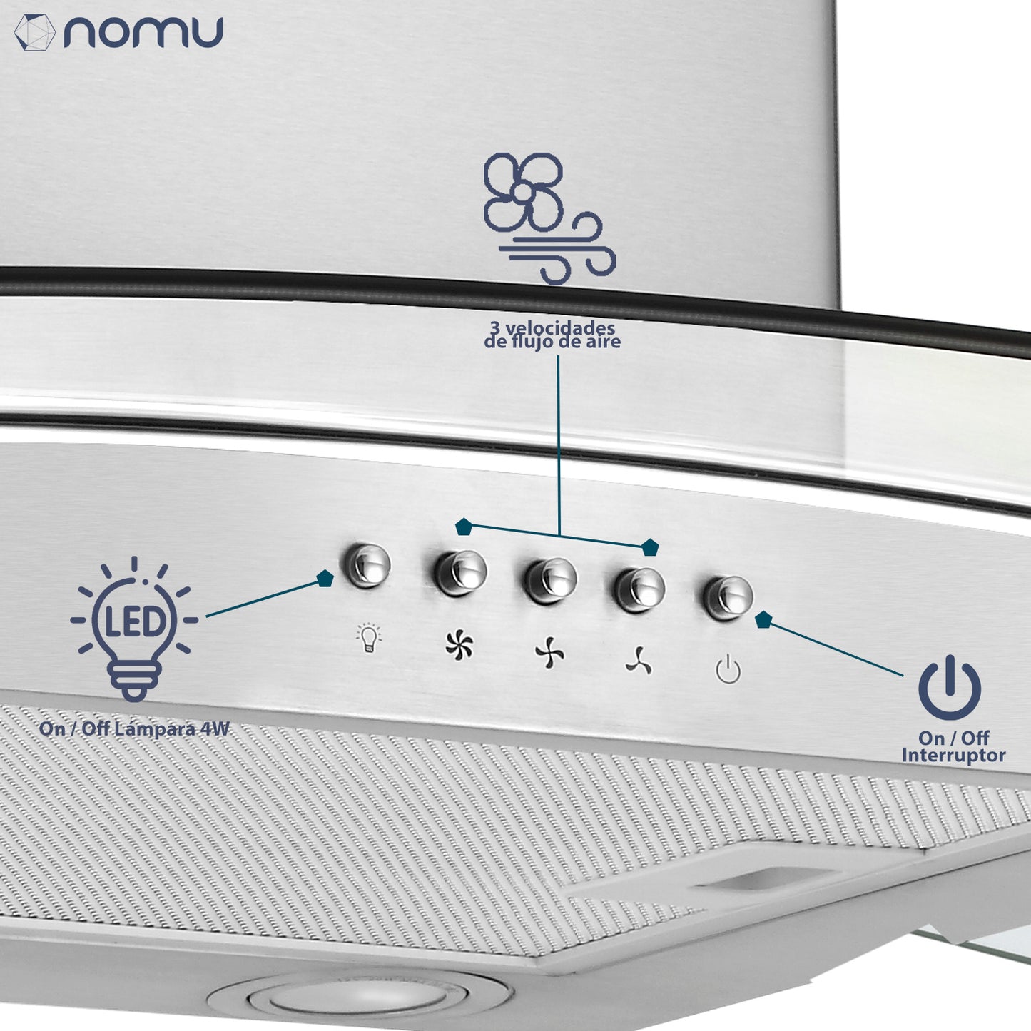 Campana de Extracción Vidrio Templado 76cm Acero Inoxidable NOMU