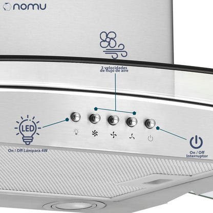 Campana de Extracción Vidrio Templado 76cm Acero Inoxidable NOMU