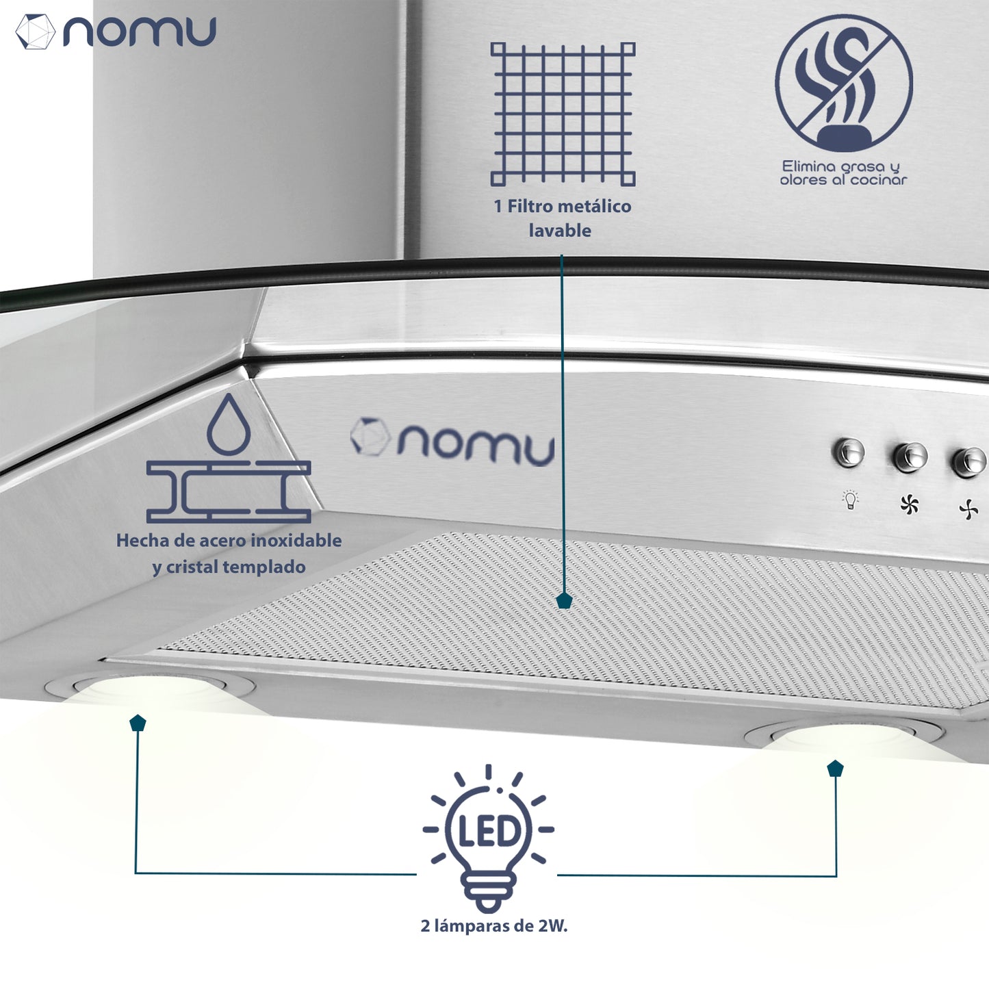 Campana de Extracción Vidrio Templado 90cm Acero Inox NOMU