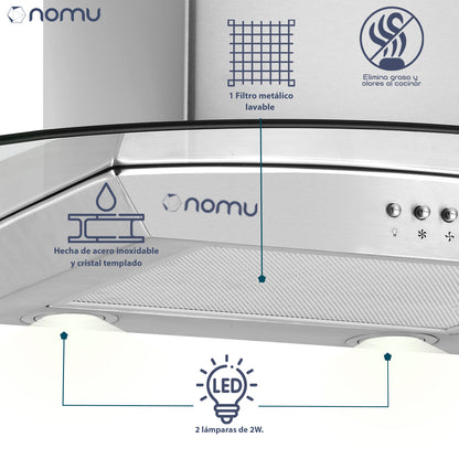 Campana de Extracción Vidrio Templado 90cm Acero Inox NOMU