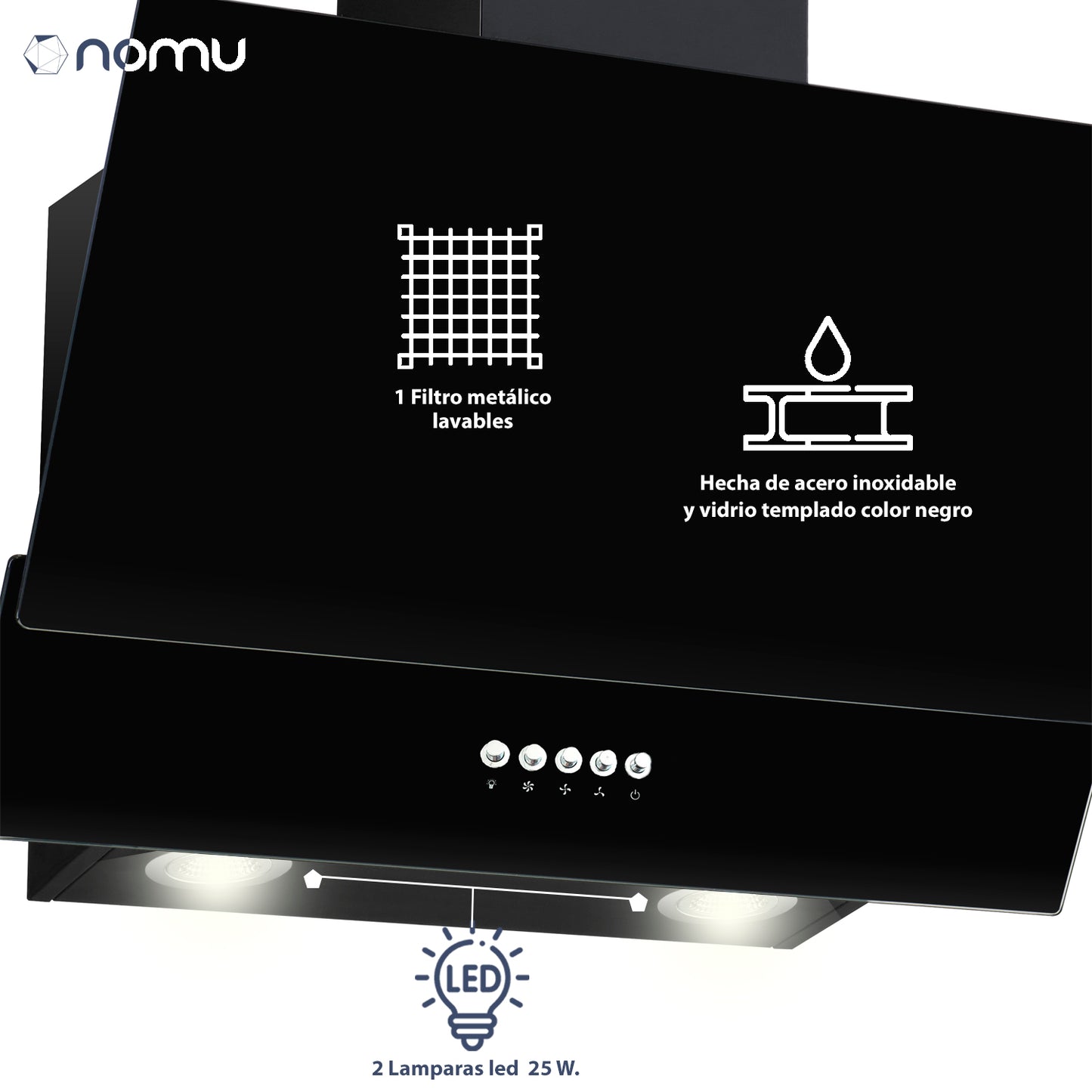 Campana Extractora 60cm Acero Inoxidable Cristal Templado Negro NOMU