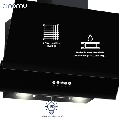 Campana Extractora 60cm Acero Inoxidable Cristal Templado Negro NOMU