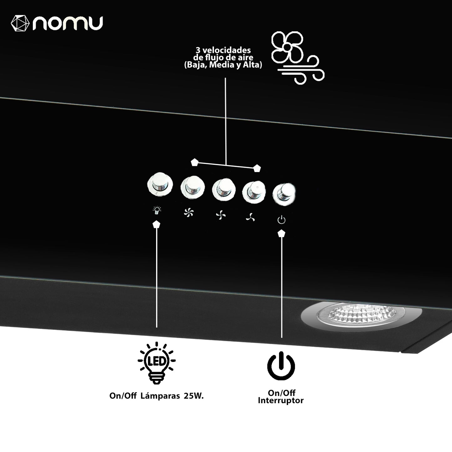 NOMU Campana Extractora Pared 60cm Cristal Temp Color Negro