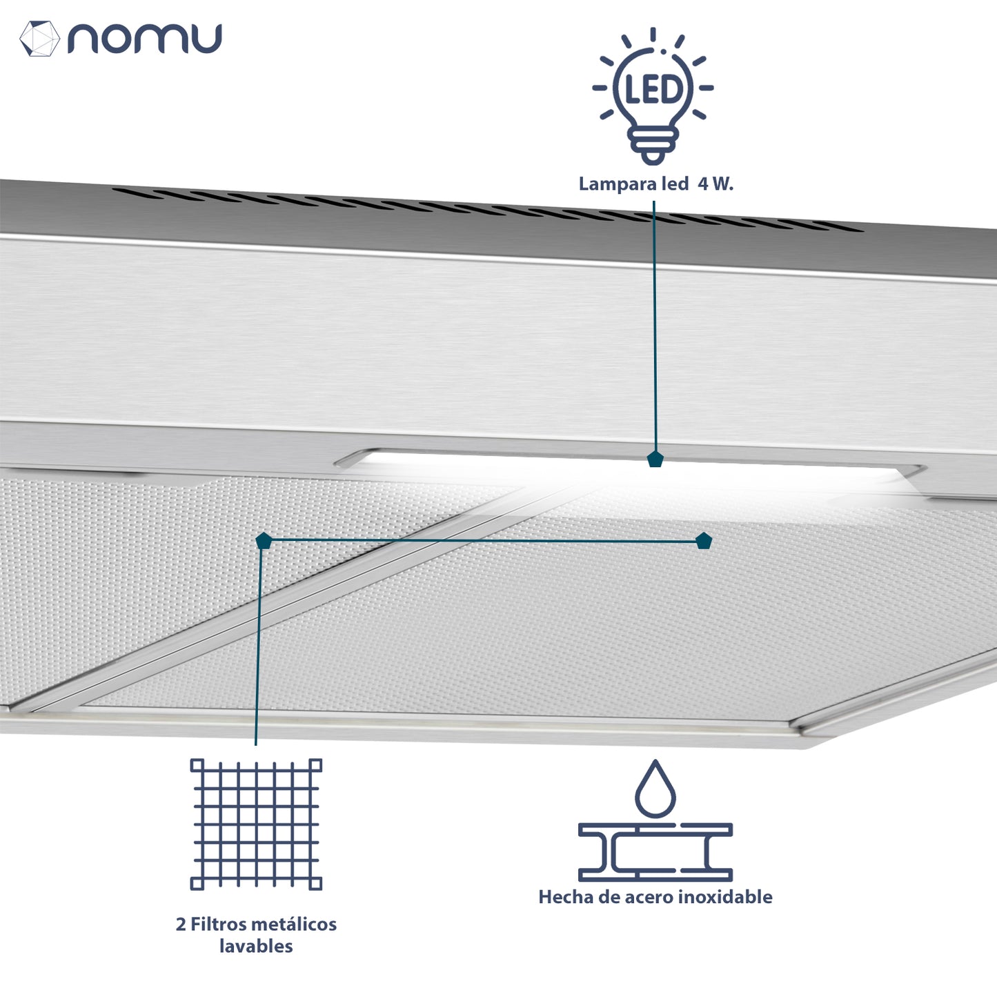 NOMU Campana Extractora Empotrable 76 cm, Acero Inoxidable, 3 Velocidades