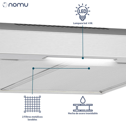 NOMU Campana Extractora Empotrable 76 cm, Acero Inoxidable, 3 Velocidades