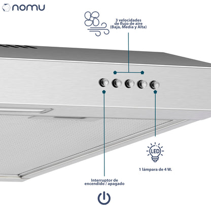 NOMU Campana Extractora Empotrable 90 cm, Acero Inoxidable, 3 Velocidades