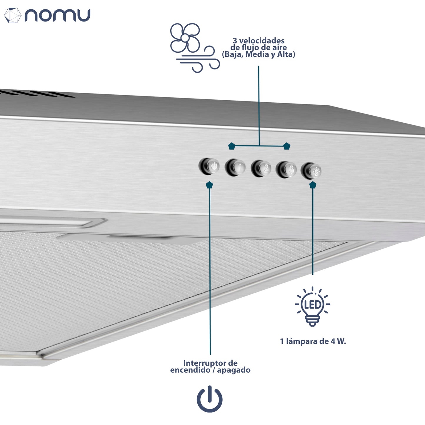 Campana Extractora Para Cocina de Pared Acero Inoxidable 90cm NOMU