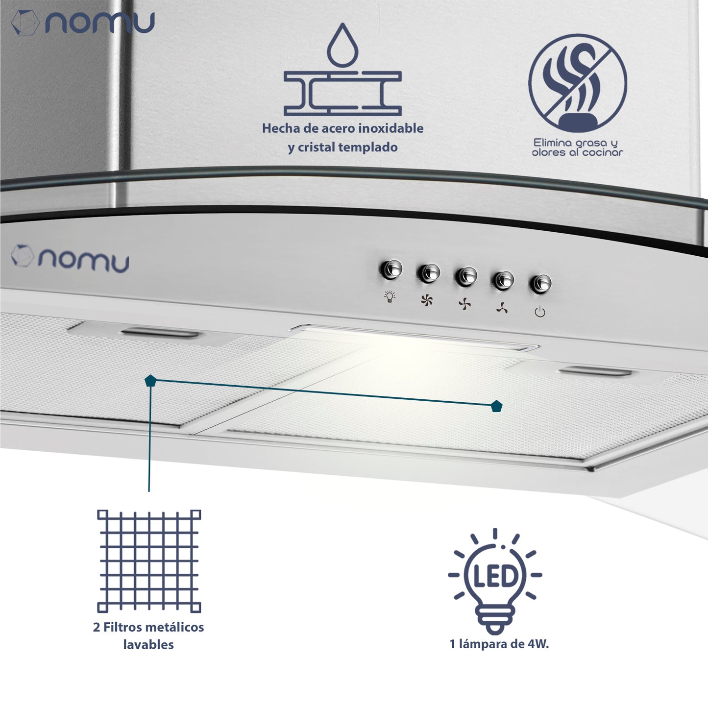 NOMU Campana de Extracción Vidrio Templado ISLA 90cm Acero Inox