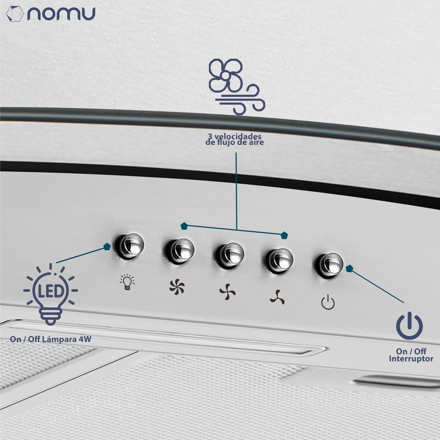 NOMU Campana de Extracción Vidrio Templado ISLA 90cm Acero Inox