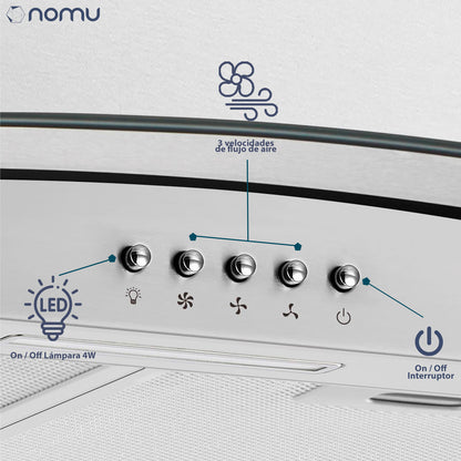 NOMU Campana de Extracción Vidrio Templado ISLA 90cm Acero Inox