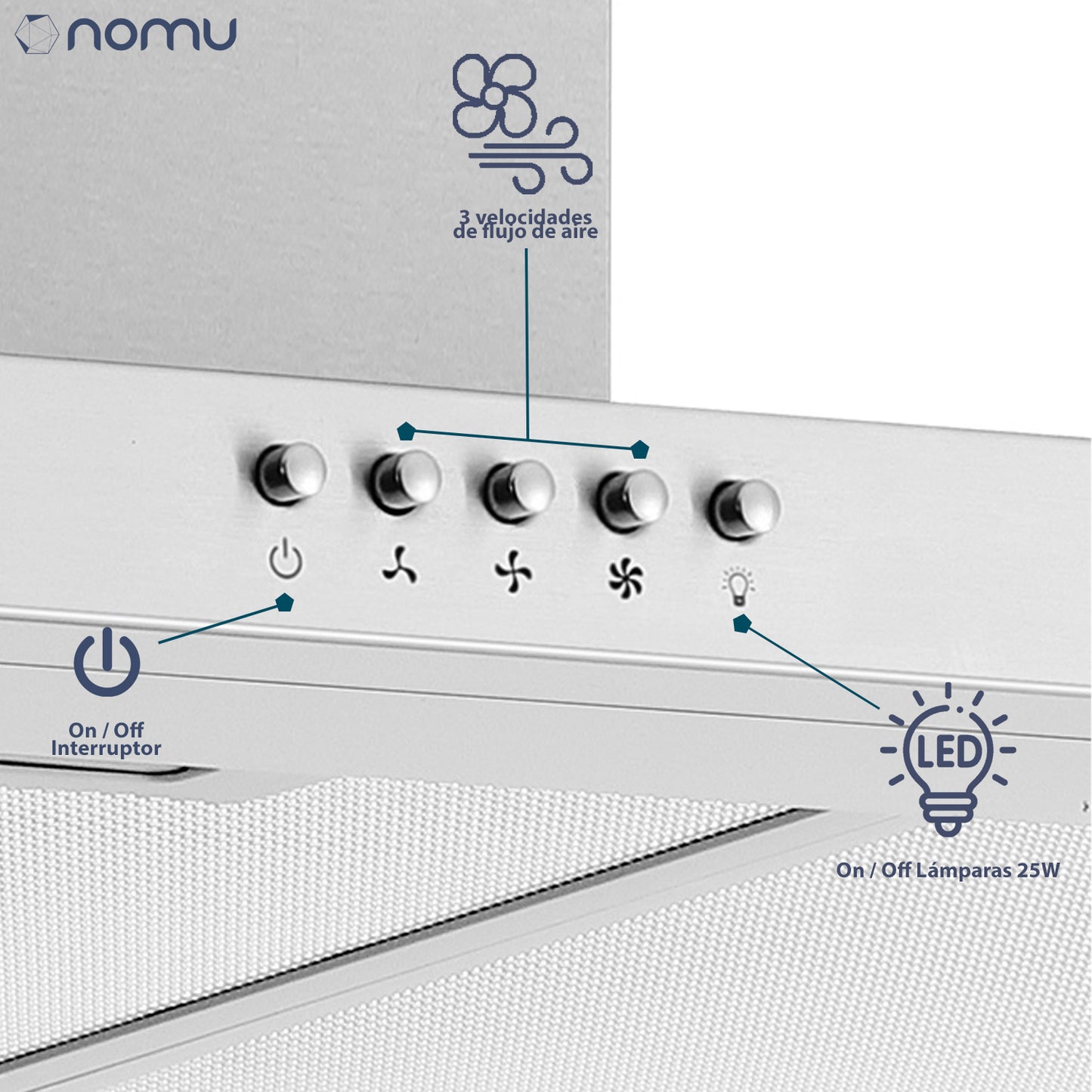 NOMU Campana de Extracción en T 76cm Acero Inoxidable 3 Velocidades